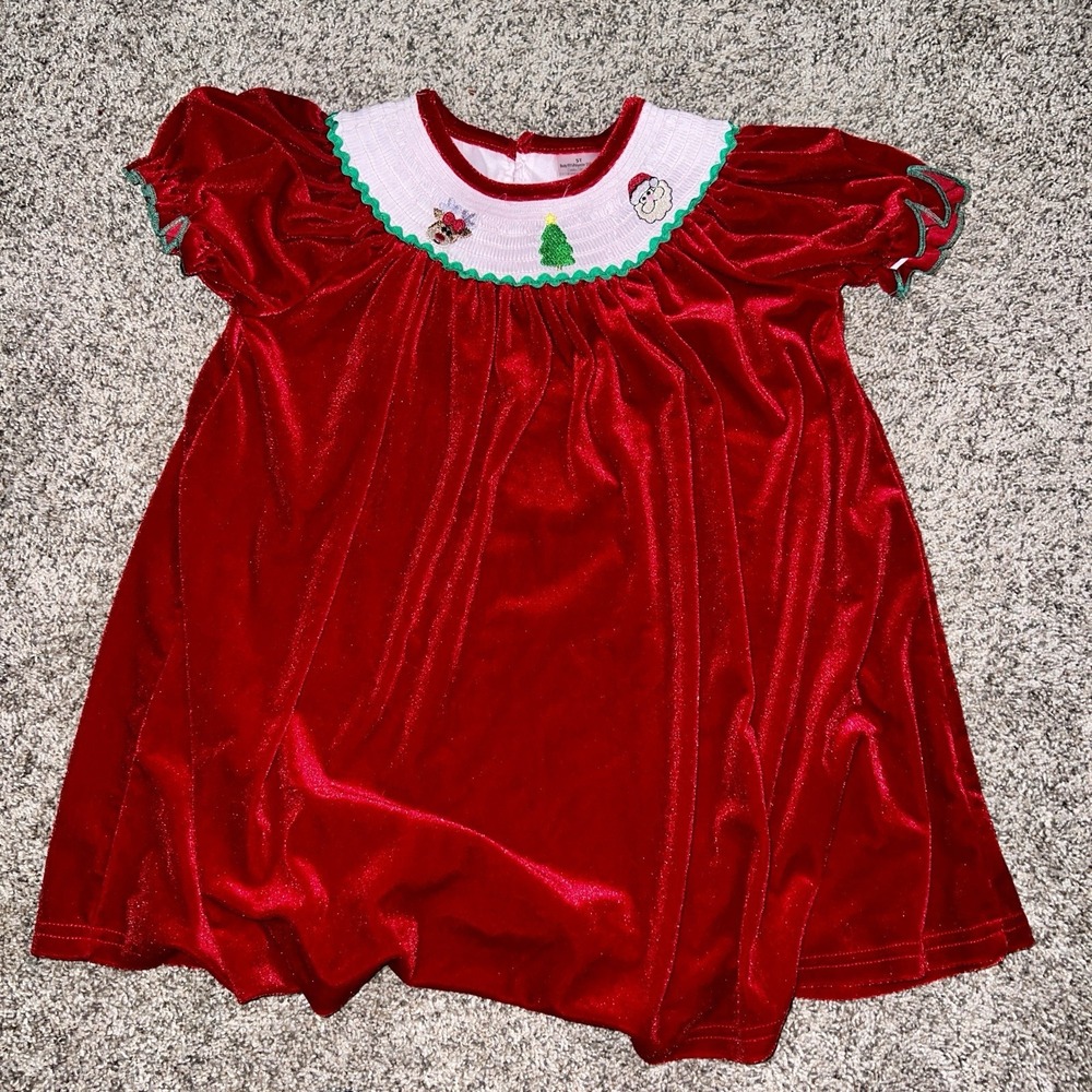 Christmas‎ Santa Girls Smocked Embroidered Red Velvet Dress Rudolph Tree 5T